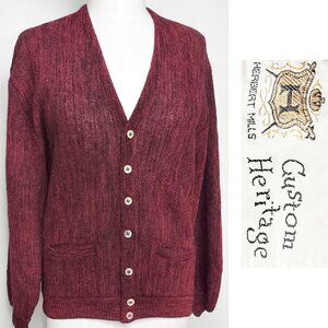 Vintage 60s Custom Heritage Men's Alpaca Burgundy Black V-neck Knit Cardigan M